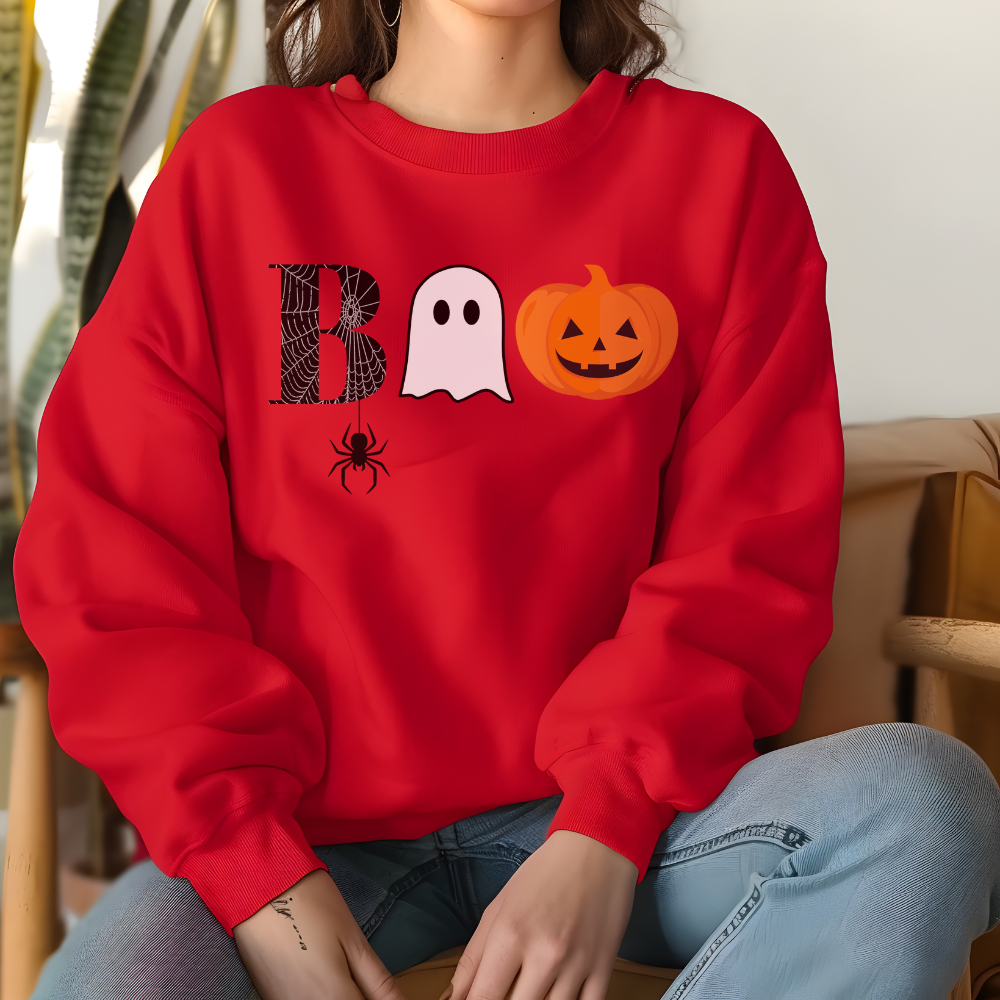 Boo Sweatshirt | Cute Halloween Pullover with Spiderweb, Ghost & Pumpkin Design for Teen Girls & Women