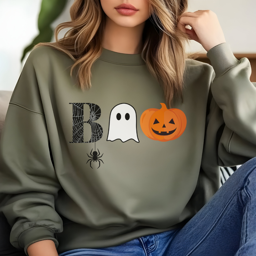 Boo Sweatshirt | Cute Halloween Pullover with Spiderweb, Ghost & Pumpkin Design for Teen Girls & Women