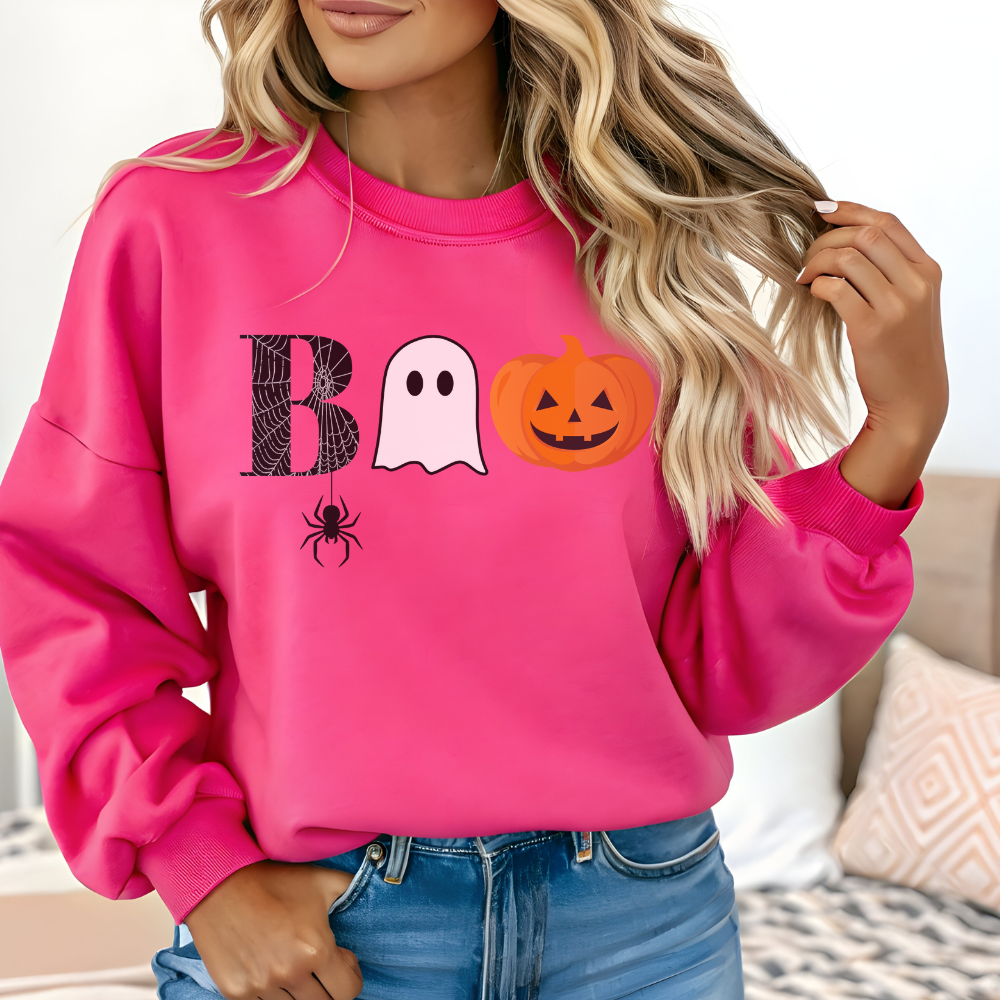 Boo Sweatshirt | Cute Halloween Pullover with Spiderweb, Ghost & Pumpkin Design for Teen Girls & Women