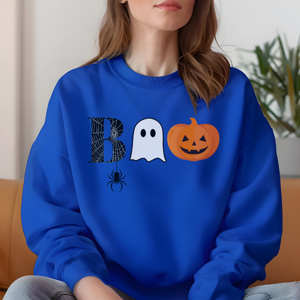 Boo Sweatshirt | Cute Halloween Pullover with Spiderweb, Ghost & Pumpkin Design for Teen Girls & Women