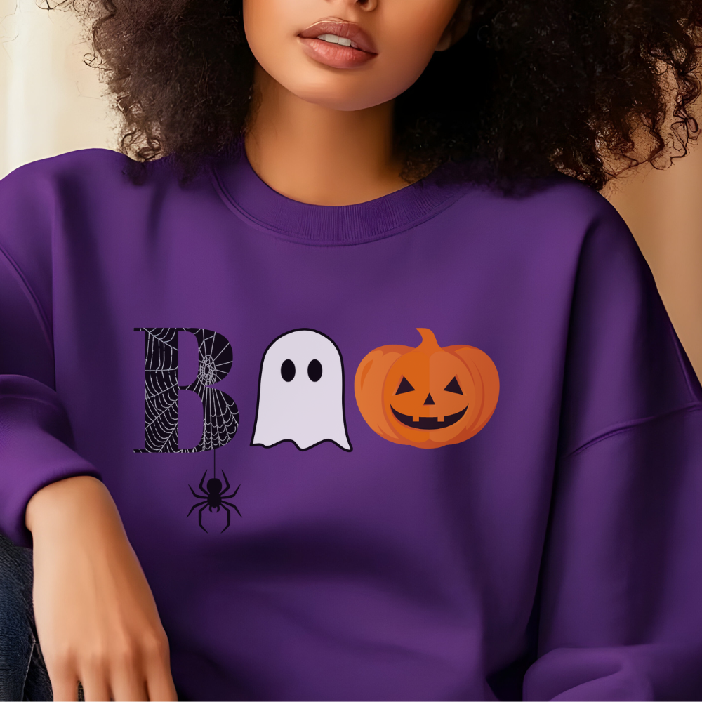 Boo Sweatshirt | Cute Halloween Pullover with Spiderweb, Ghost & Pumpkin Design for Teen Girls & Women