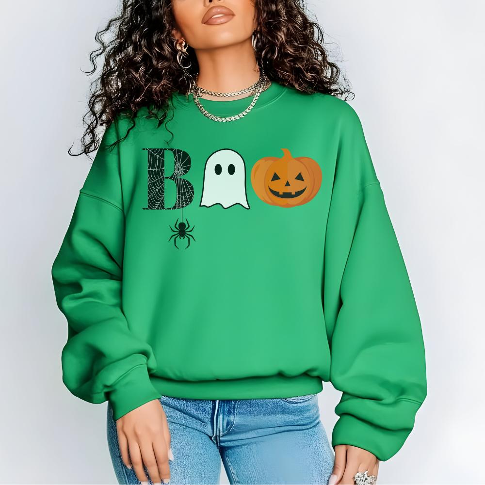 Boo Sweatshirt | Cute Halloween Pullover with Spiderweb, Ghost & Pumpkin Design for Teen Girls & Women