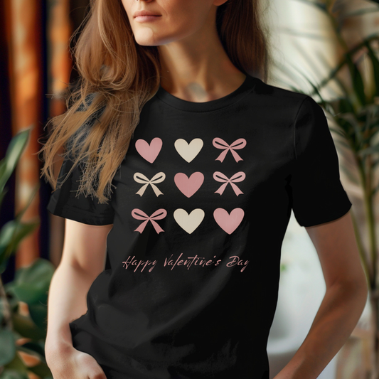 Happy Valentine’s Day T-Shirt – Hearts & Bows Cute Love Tee
