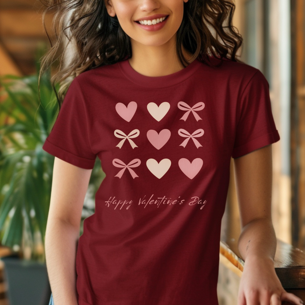 Happy Valentine’s Day T-Shirt – Hearts & Bows Cute Love Tee