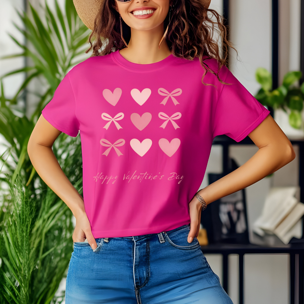 Happy Valentine’s Day T-Shirt – Hearts & Bows Cute Love Tee