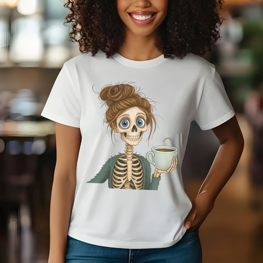 Skeleton Woman with Coffee T-Shirt | Cute Halloween Graphic Tee for Teen Girls & Women