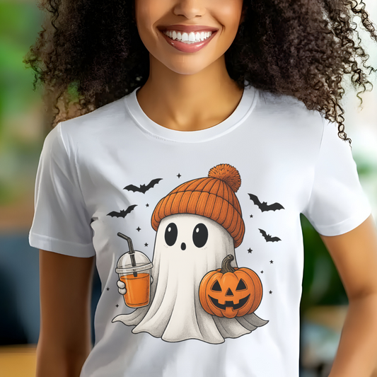 Cute Ghost with Drink & Pumpkin T-Shirt | Fun Halloween Tee for Teen Girls & Women
