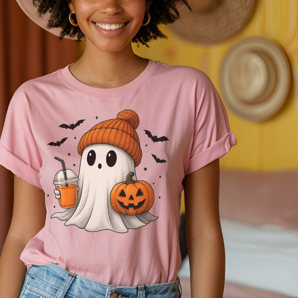 Cute Ghost with Drink & Pumpkin T-Shirt | Fun Halloween Tee for Teen Girls & Women