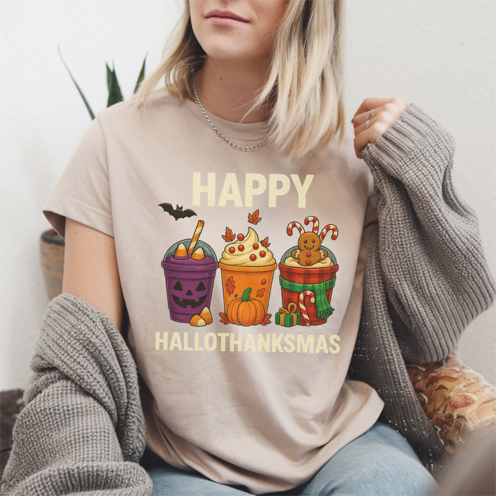 Happy HalloThanksMas T-Shirt | Funny Holiday Tee for Teen Girls & Women