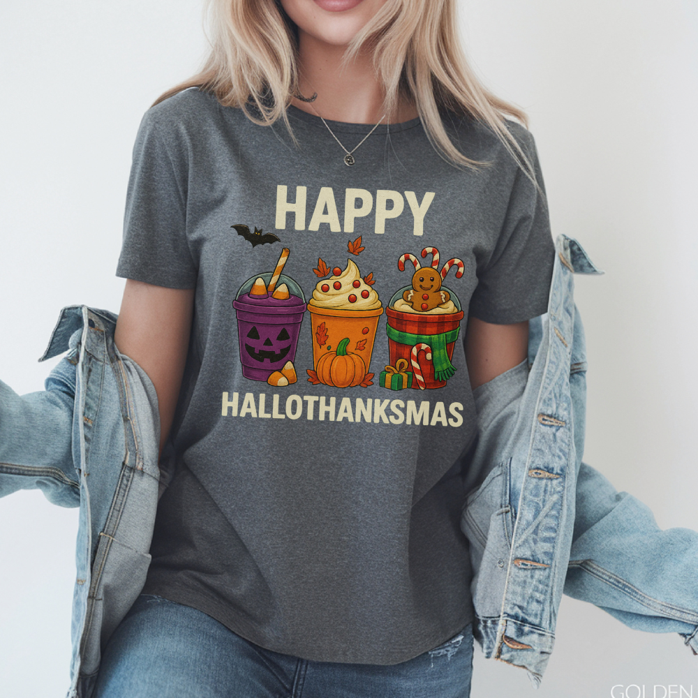 Happy HalloThanksMas T-Shirt | Funny Holiday Tee for Teen Girls & Women