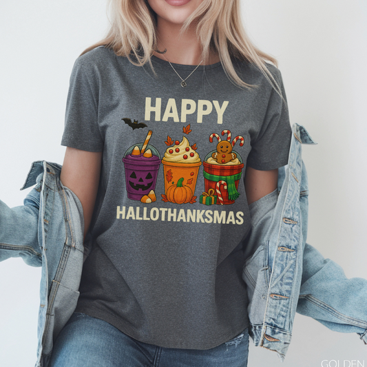 Happy HalloThanksMas T-Shirt | Funny Holiday Tee for Teen Girls & Women