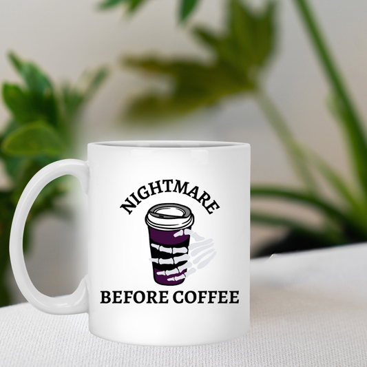 Nightmare Before Coffee Purple with Skeleton Hand White Mug