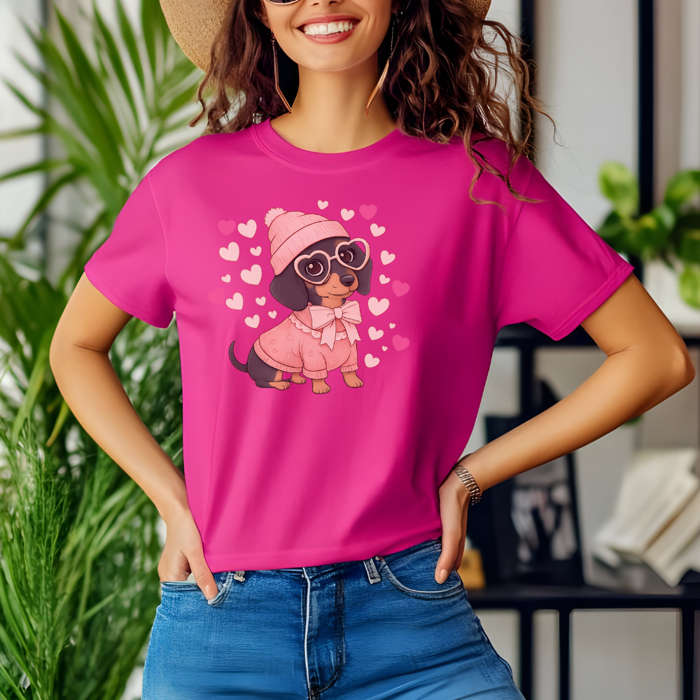 Cute Valentine Dachshund T-Shirt – Dog Mom Heart Puppy Tee