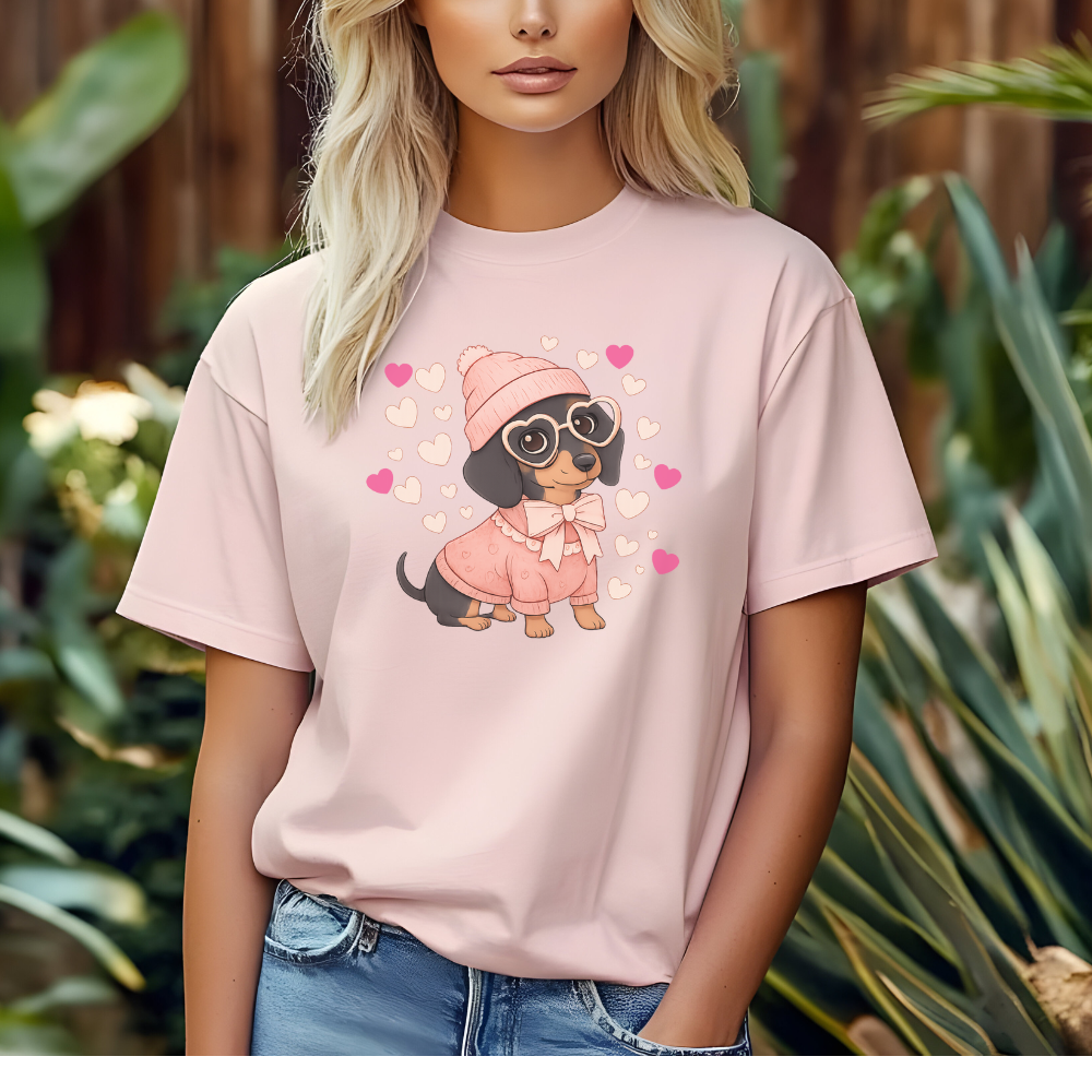 Cute Valentine Dachshund T-Shirt – Dog Mom Heart Puppy Tee
