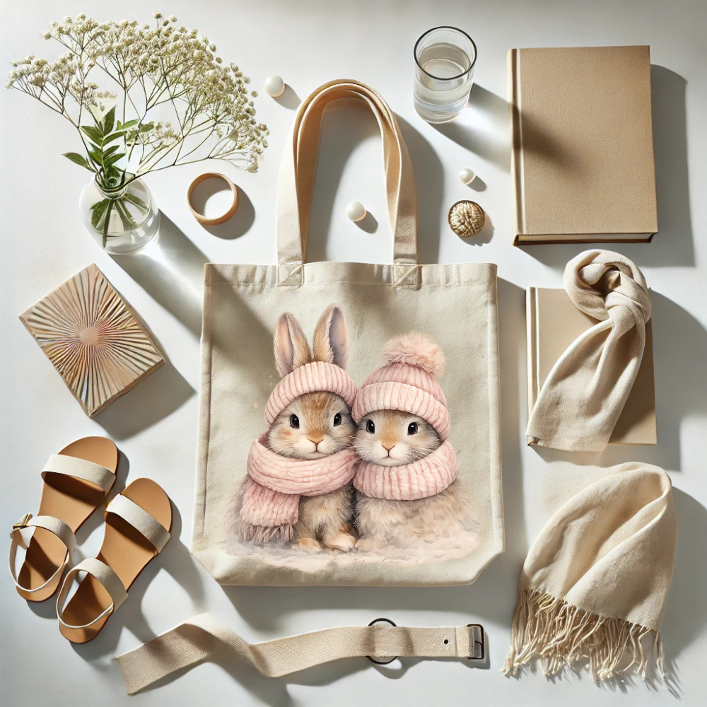 Tote bag with rabbit design, scarf, sandals, and books on a light surface