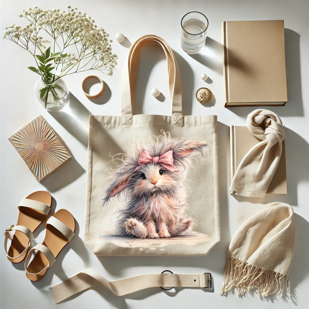 Tote bag with a cute animal design surrounded by various items on a light surface