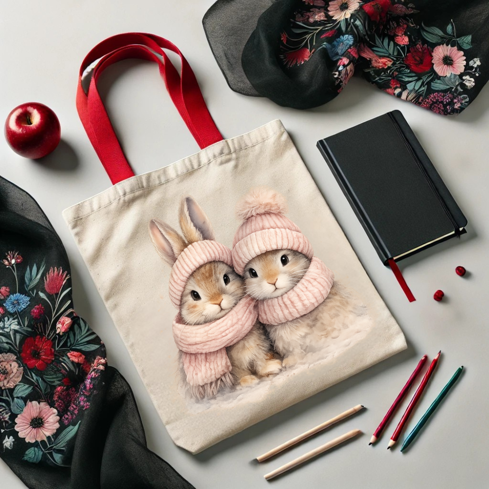 Tote bag with bunny design surrounded by stationery items on a light surface