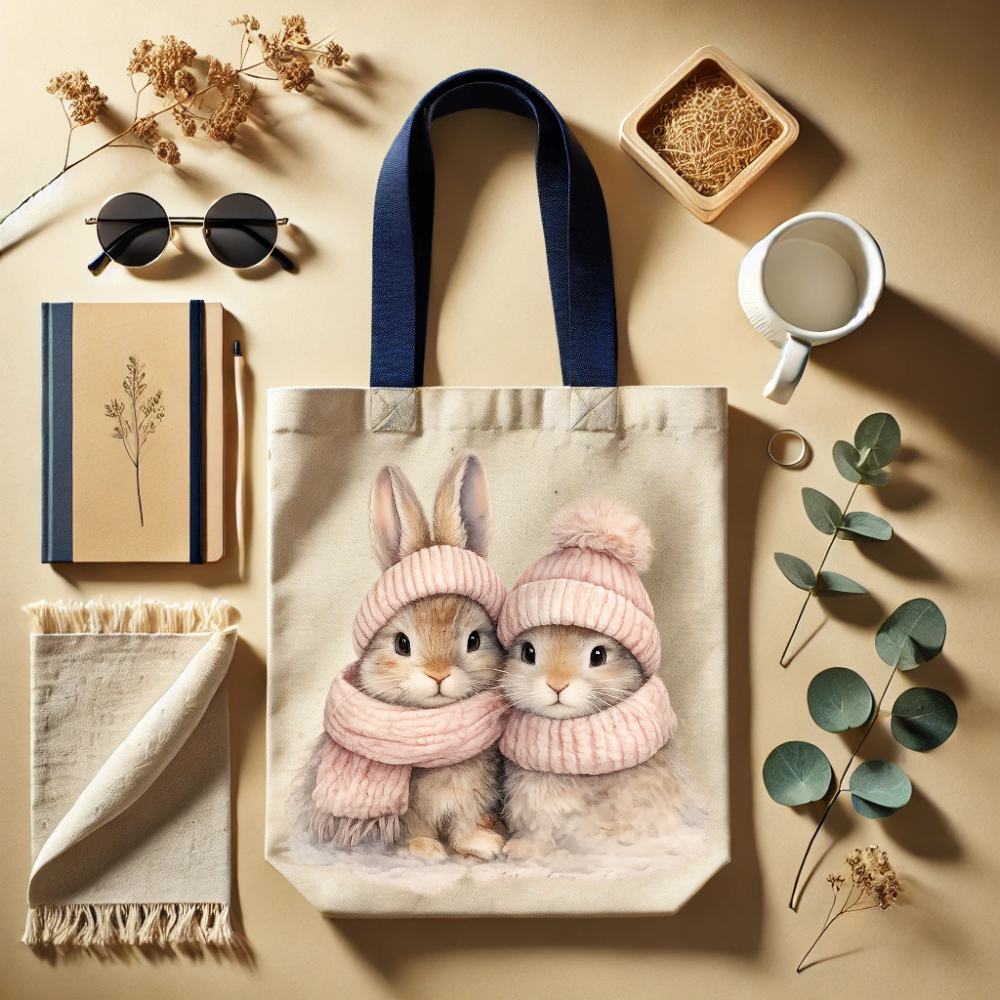 Tote bag with rabbit design, notebook, sunglasses, and cup on a beige surface