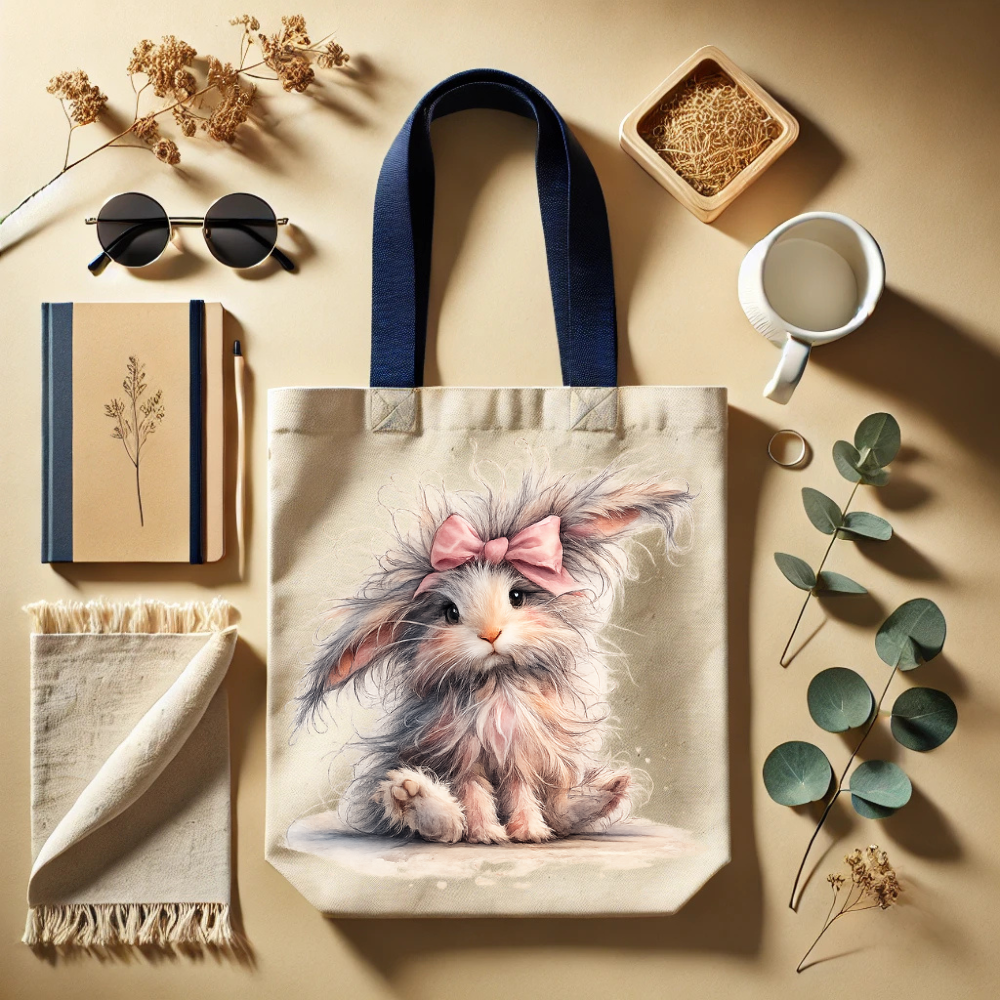 Tote bag with a cute animal design on a beige surface with accessories.