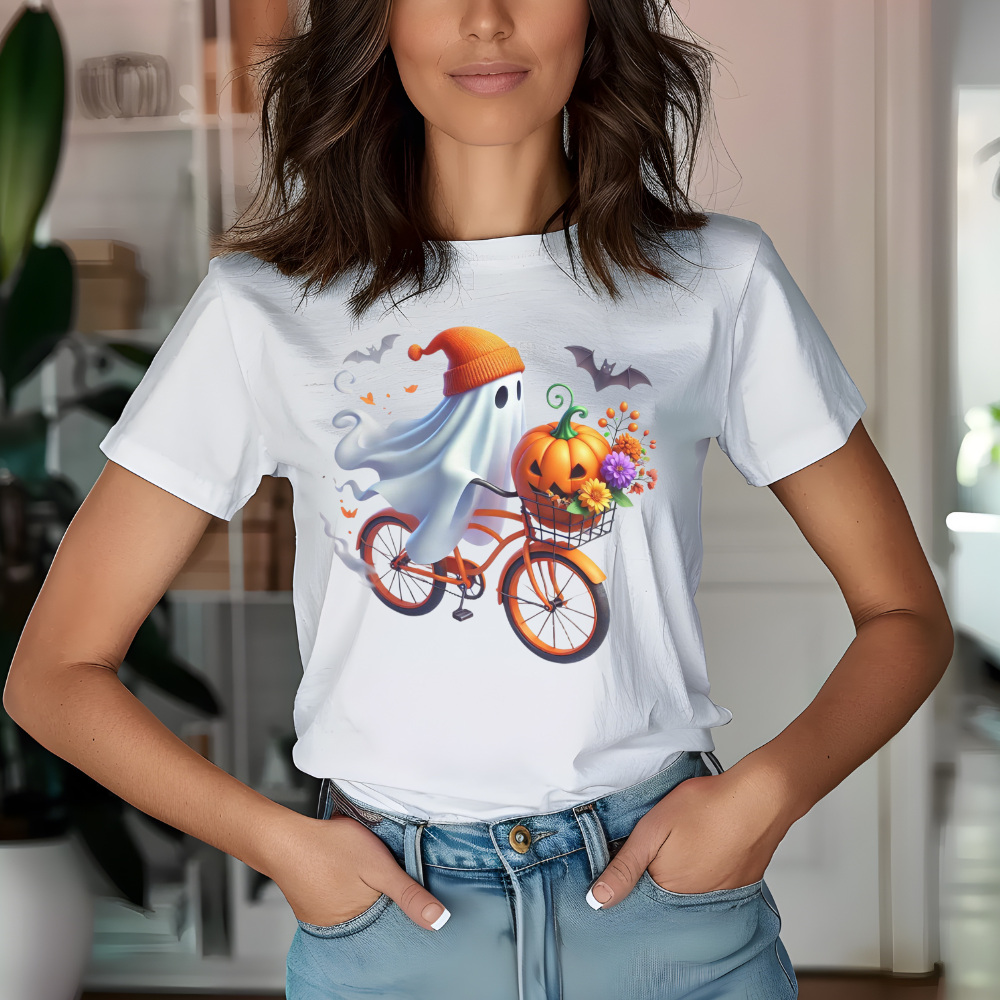 Cute Ghost Riding a Bike Halloween T-Shirt | Spooky Season Fall Tee for Women