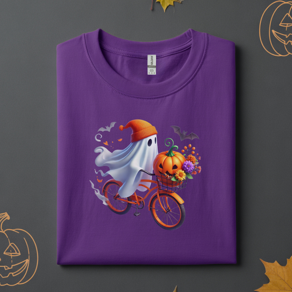 Cute Ghost Riding a Bike Halloween T-Shirt | Spooky Season Fall Tee for Women