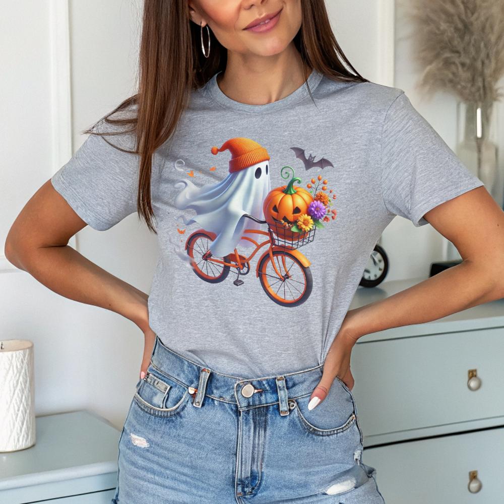 Cute Ghost Riding a Bike Halloween T-Shirt | Spooky Season Fall Tee for Women
