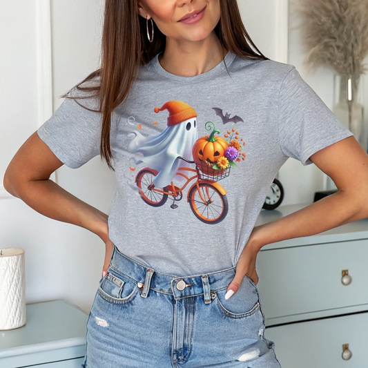Cute Ghost Riding a Bike Halloween T-Shirt | Spooky Season Fall Tee for Women