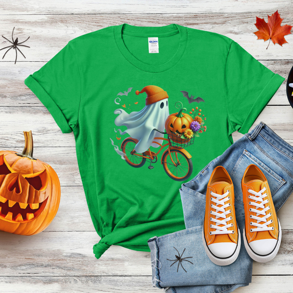 Cute Ghost Riding a Bike Halloween T-Shirt | Spooky Season Fall Tee for Women