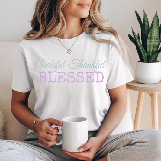 Grateful Thankful Blessed T-Shirt for Women - Inspirational Cotton Tee