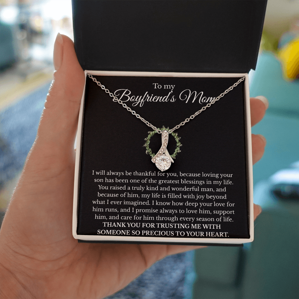Boyfriend’s Mom Gift Necklace with Message Card – Alluring Beauty Pendant, White or Yellow Gold Finish