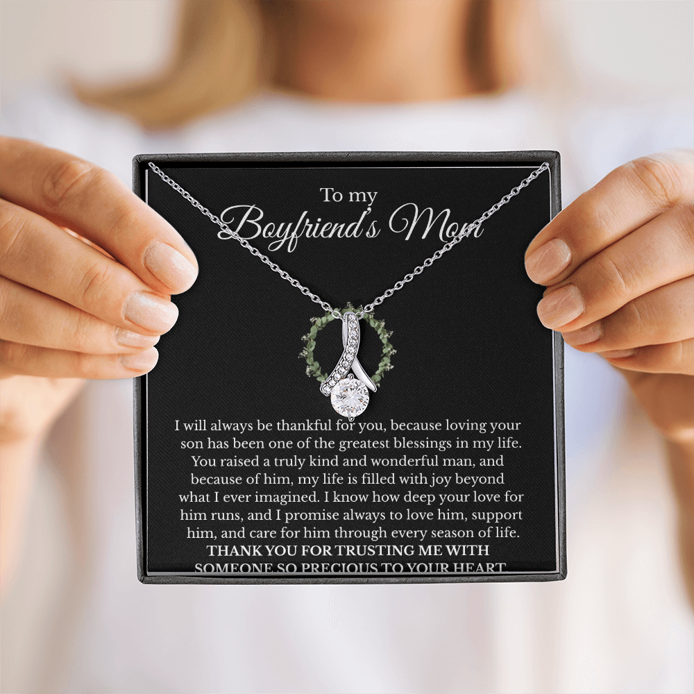 Boyfriend’s Mom Gift Necklace with Message Card – Alluring Beauty Pendant, White or Yellow Gold Finish