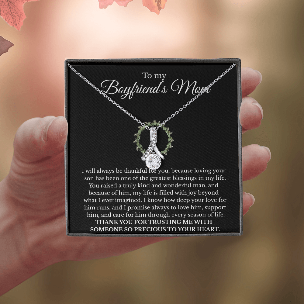 Boyfriend’s Mom Gift Necklace with Message Card – Alluring Beauty Pendant, White or Yellow Gold Finish