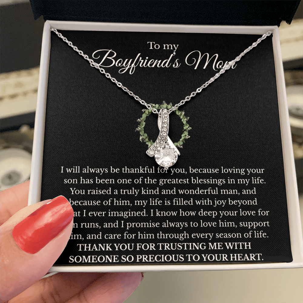 Boyfriend’s Mom Gift Necklace with Message Card – Alluring Beauty Pendant, White or Yellow Gold Finish