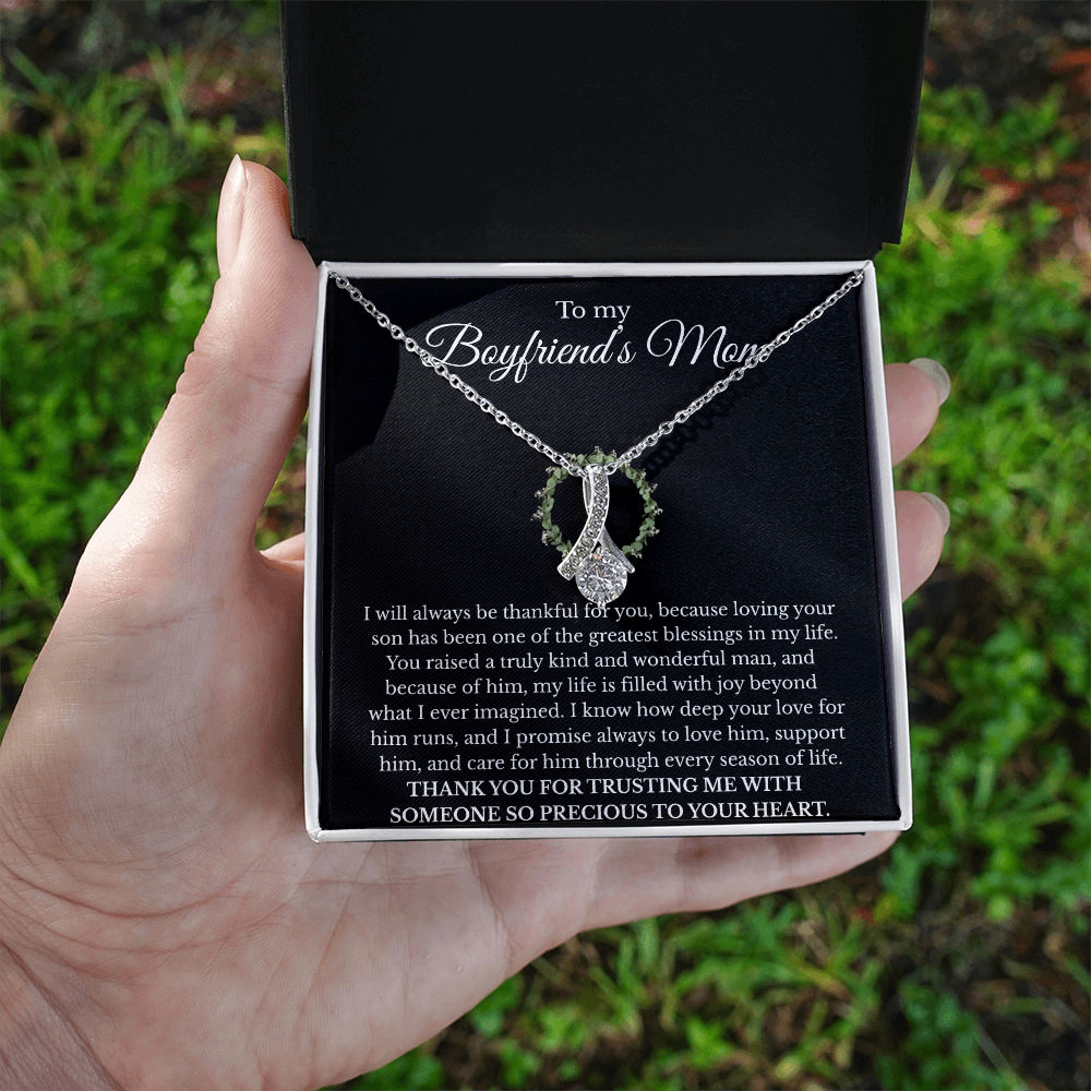 Boyfriend’s Mom Gift Necklace with Message Card – Alluring Beauty Pendant, White or Yellow Gold Finish