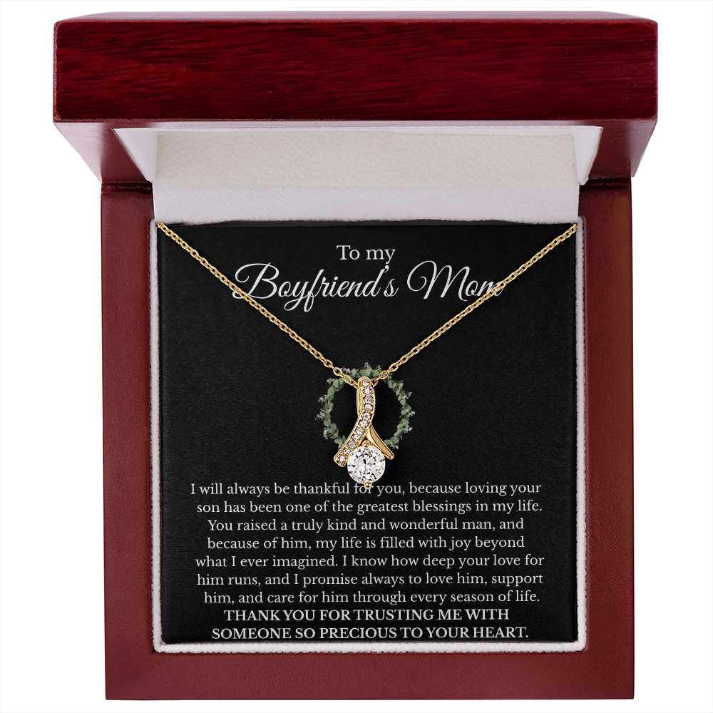 Boyfriend’s Mom Gift Necklace with Message Card – Alluring Beauty Pendant, White or Yellow Gold Finish