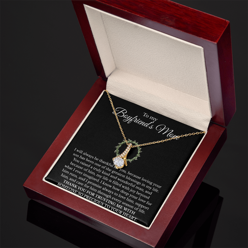 Boyfriend’s Mom Gift Necklace with Message Card – Alluring Beauty Pendant, White or Yellow Gold Finish