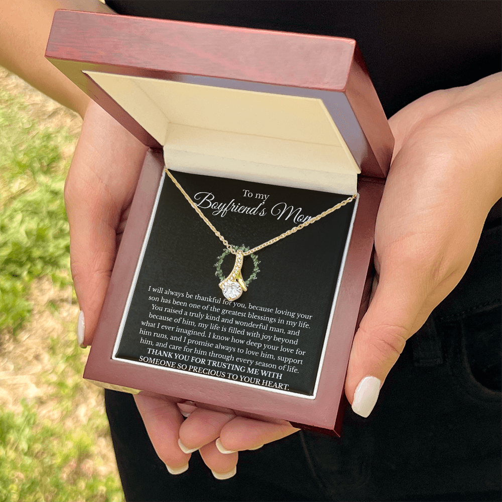 Boyfriend’s Mom Gift Necklace with Message Card – Alluring Beauty Pendant, White or Yellow Gold Finish