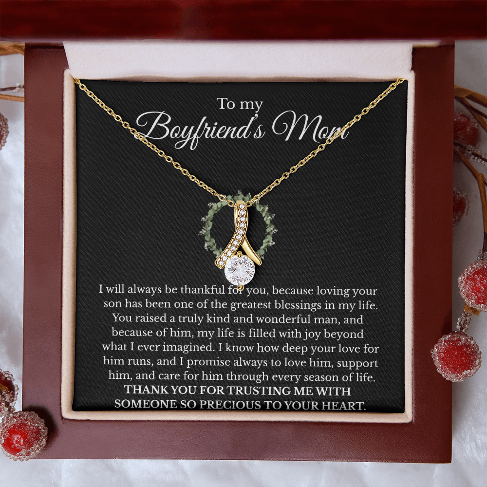 Boyfriend’s Mom Gift Necklace with Message Card – Alluring Beauty Pendant, White or Yellow Gold Finish