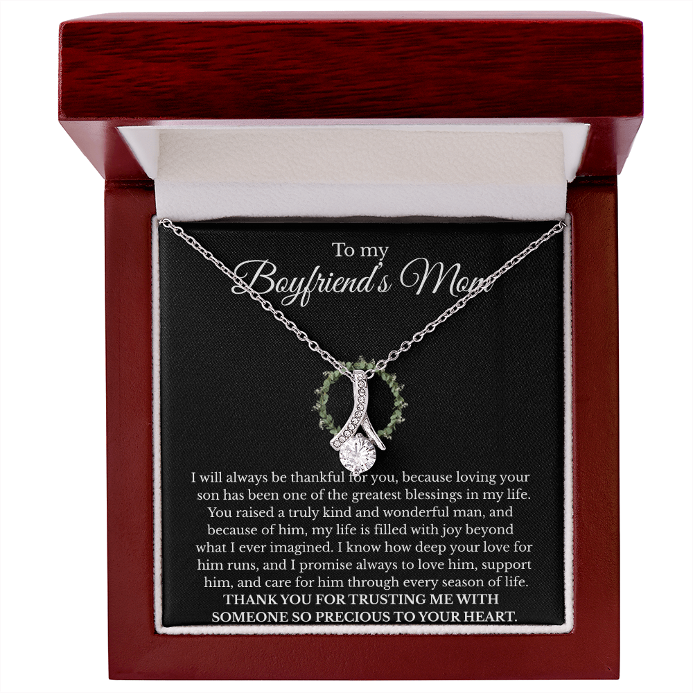 Boyfriend’s Mom Gift Necklace with Message Card – Alluring Beauty Pendant, White or Yellow Gold Finish