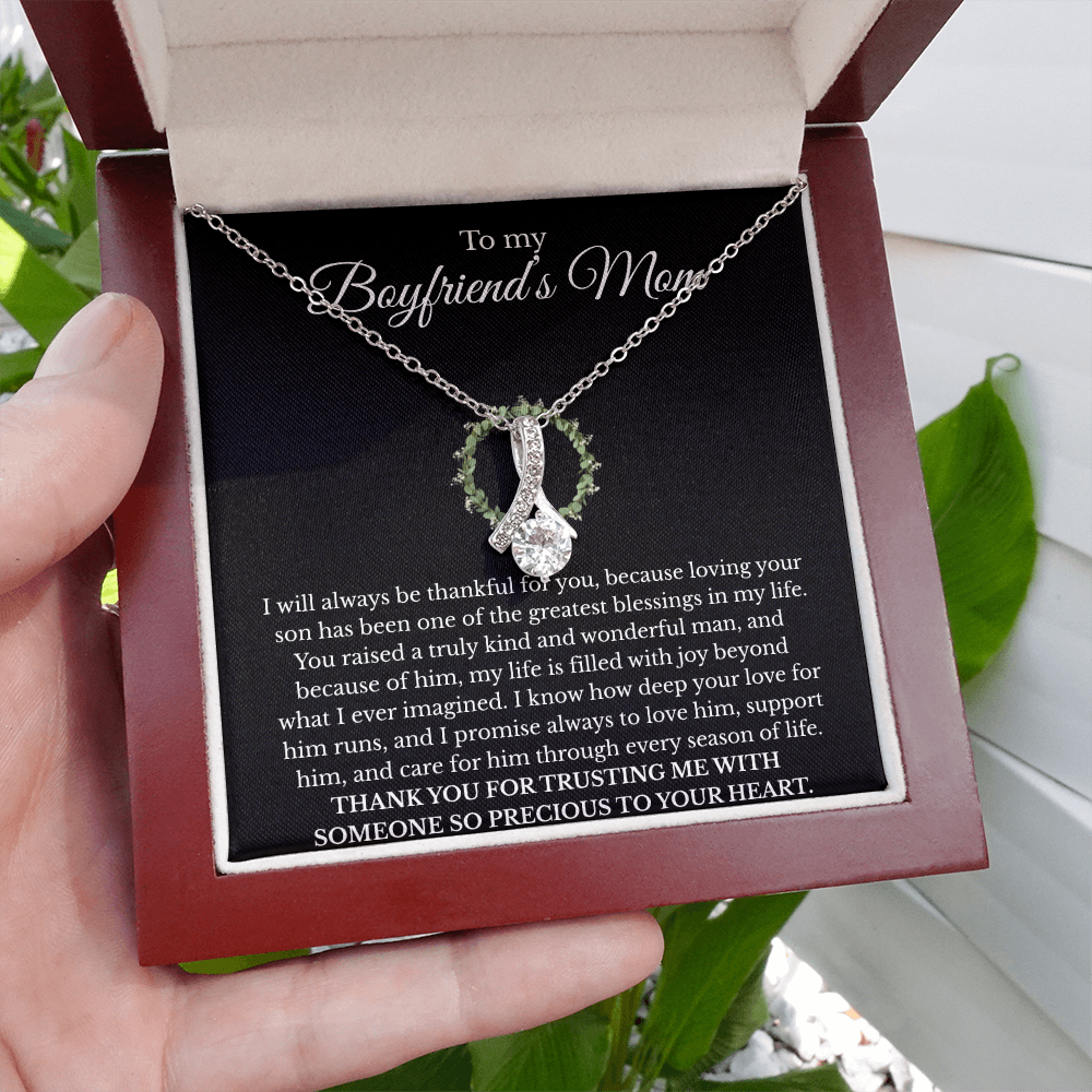 Boyfriend’s Mom Gift Necklace with Message Card – Alluring Beauty Pendant, White or Yellow Gold Finish
