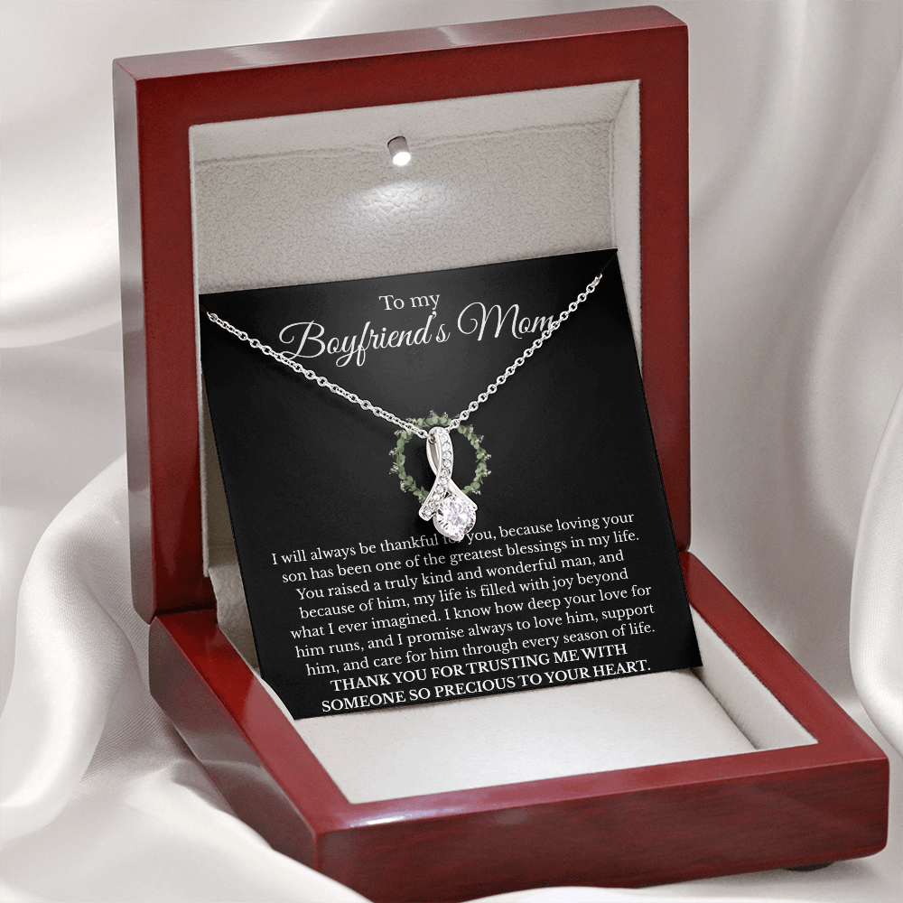 Boyfriend’s Mom Gift Necklace with Message Card – Alluring Beauty Pendant, White or Yellow Gold Finish