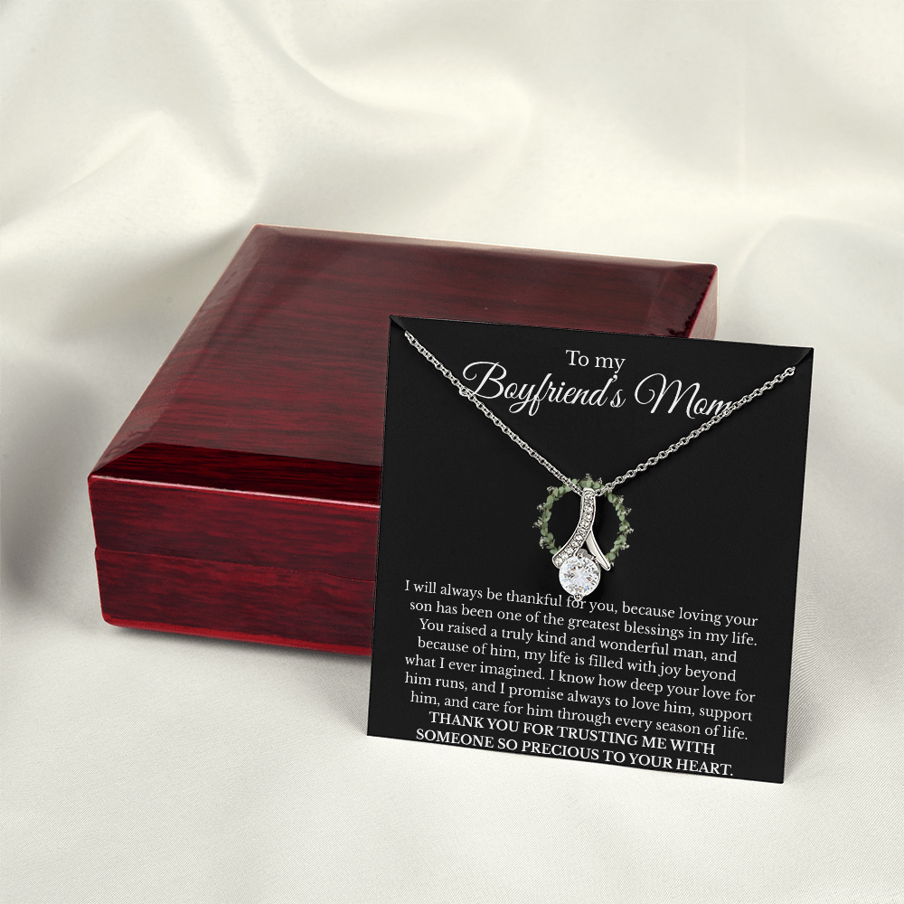 Boyfriend’s Mom Gift Necklace with Message Card – Alluring Beauty Pendant, White or Yellow Gold Finish