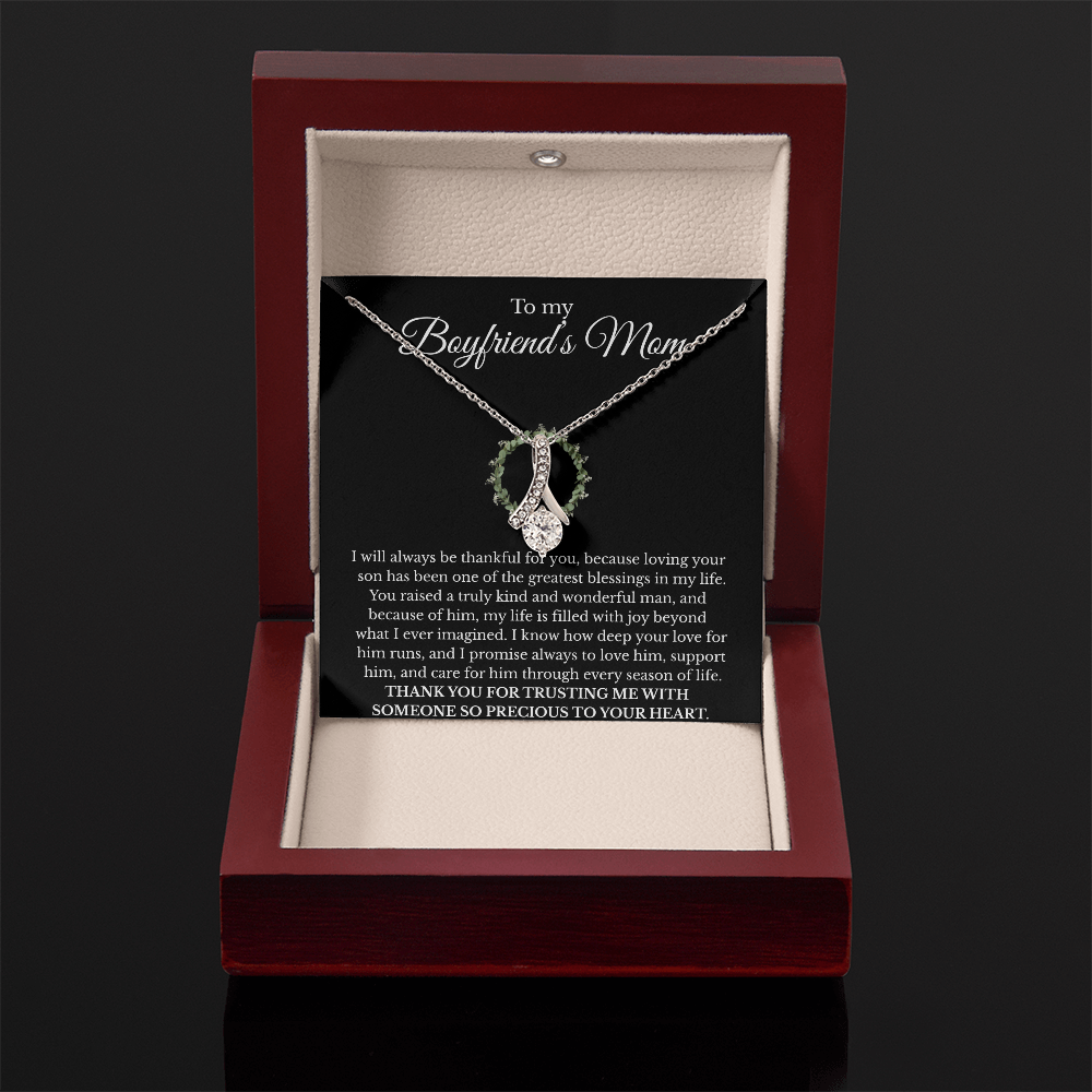 Boyfriend’s Mom Gift Necklace with Message Card – Alluring Beauty Pendant, White or Yellow Gold Finish