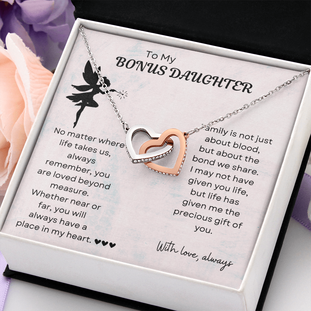 To My Bonus Daughter Interlocking Heart Necklace – Meaningful Bonus Daughter Gift, Elegant Jewelry from Bonus Mom or Dad