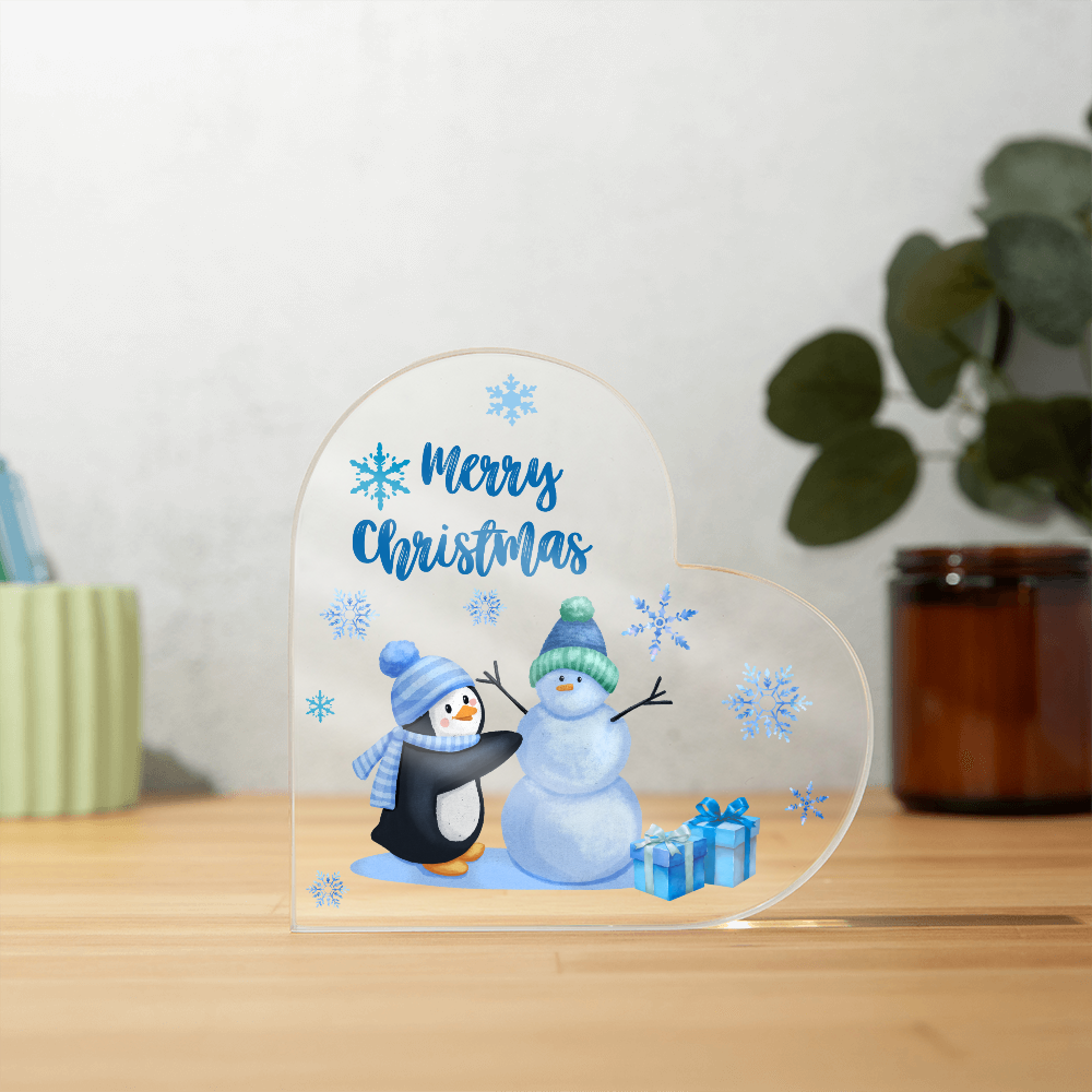 Merry Christmas Heart Acrylic Plaque – Cute Penguin & Snowman Design
