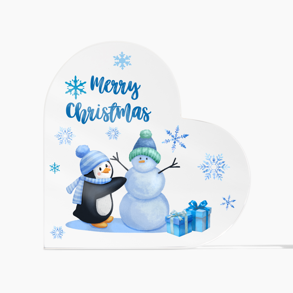 Merry Christmas Heart Acrylic Plaque – Cute Penguin & Snowman Design