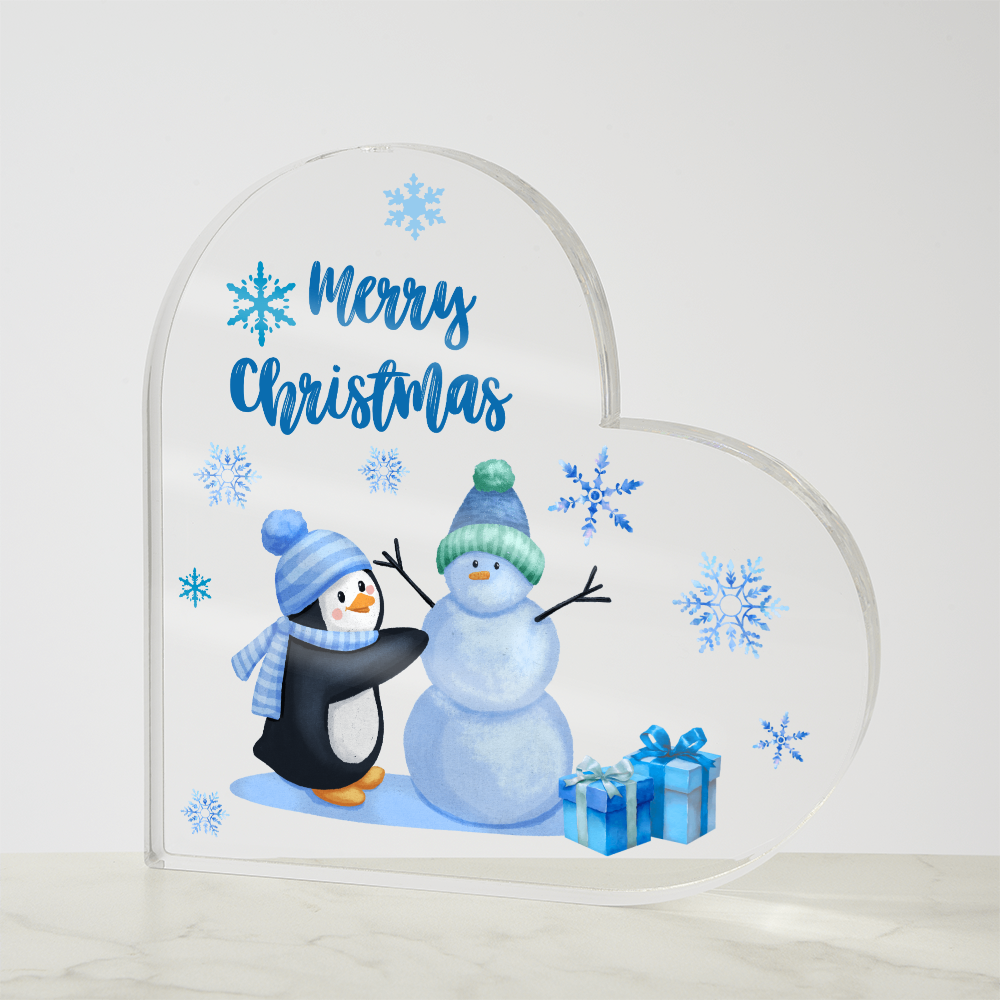 Merry Christmas Heart Acrylic Plaque – Cute Penguin & Snowman Design