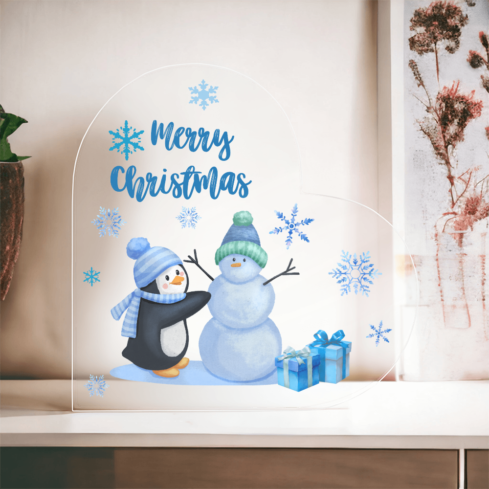 Merry Christmas Heart Acrylic Plaque – Cute Penguin & Snowman Design