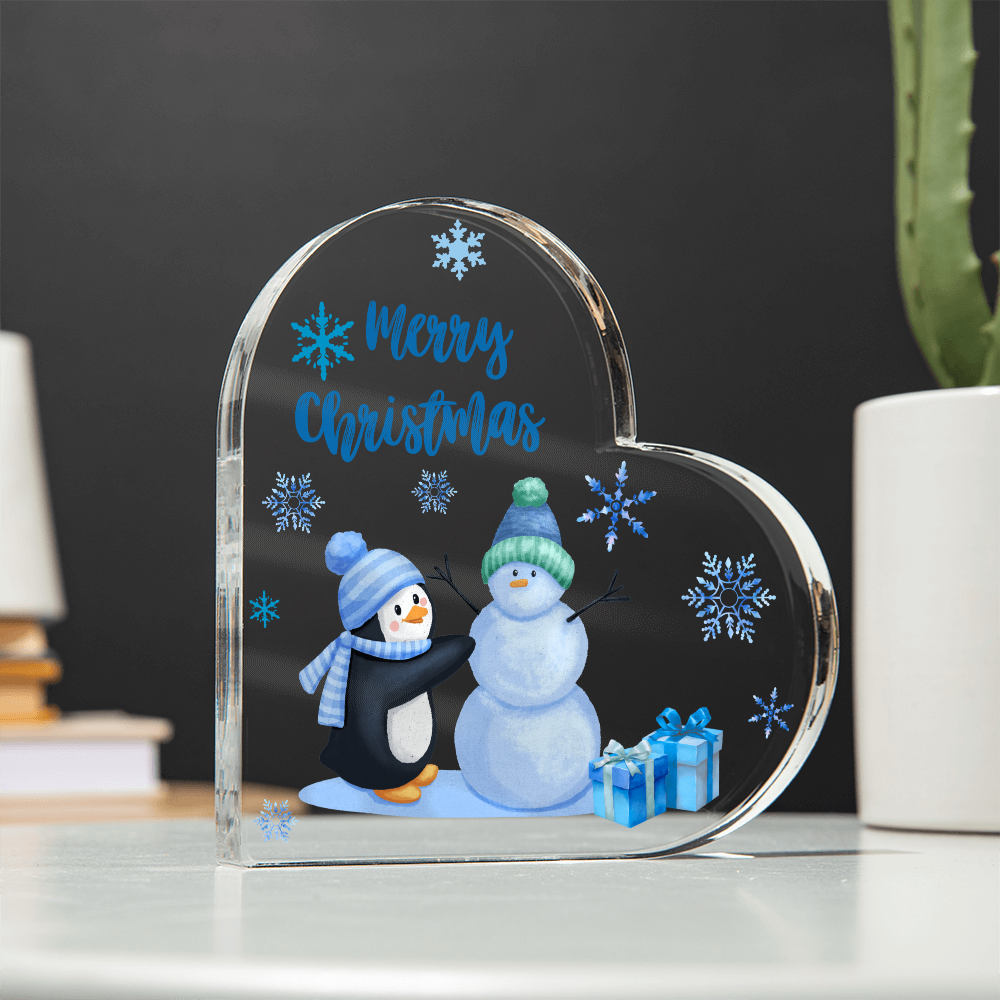 Merry Christmas Heart Acrylic Plaque – Cute Penguin & Snowman Design