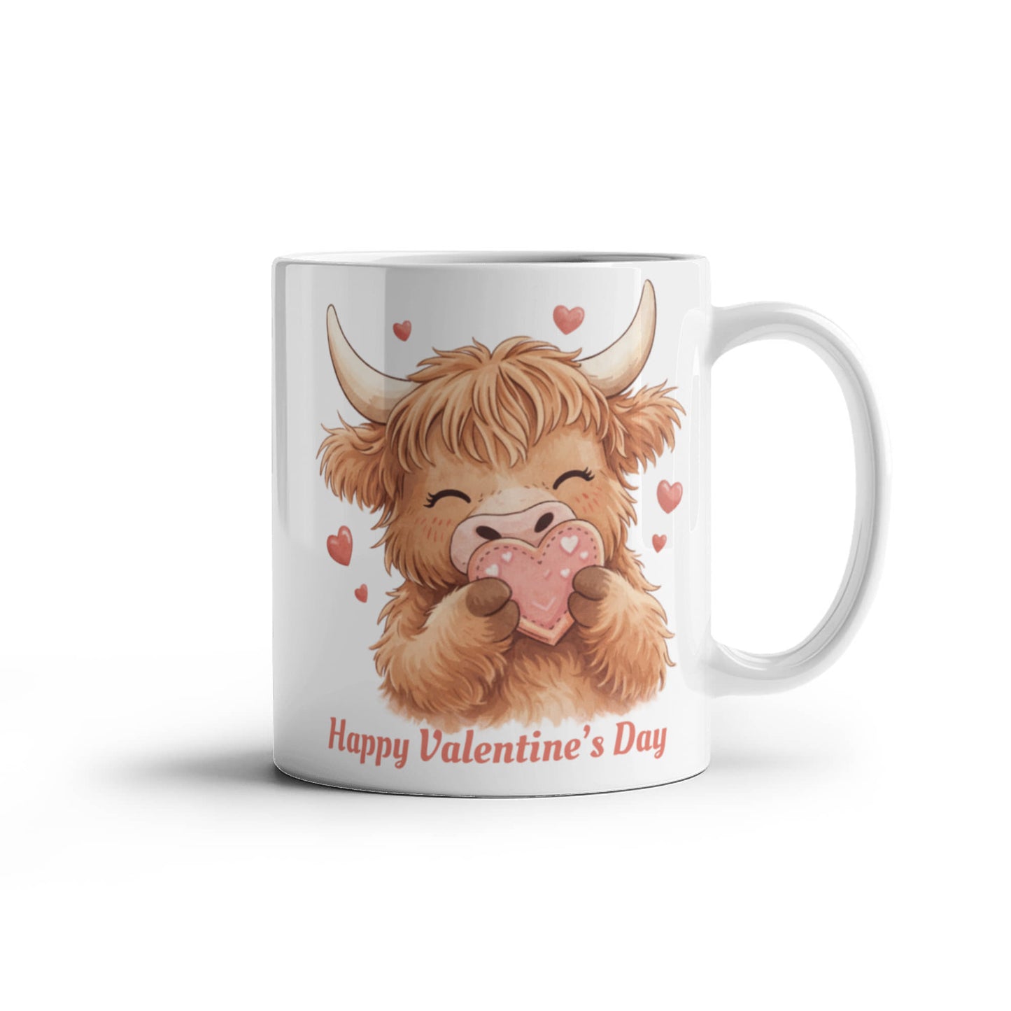 Valentine Highland Cow Mug – Cute Heart-Holding Cow Cup